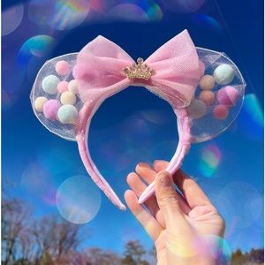 💜✨ Disney Minnie ears handmade princess themed with Pom poms rose gold pink